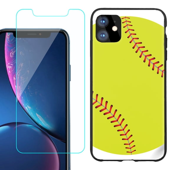 For Apple iPhone 11 Phone Case , Slim-Fit TPU Protective Case (Black), with Tempered Glass Screen Protector, by OneToughShield ® - Softball Green