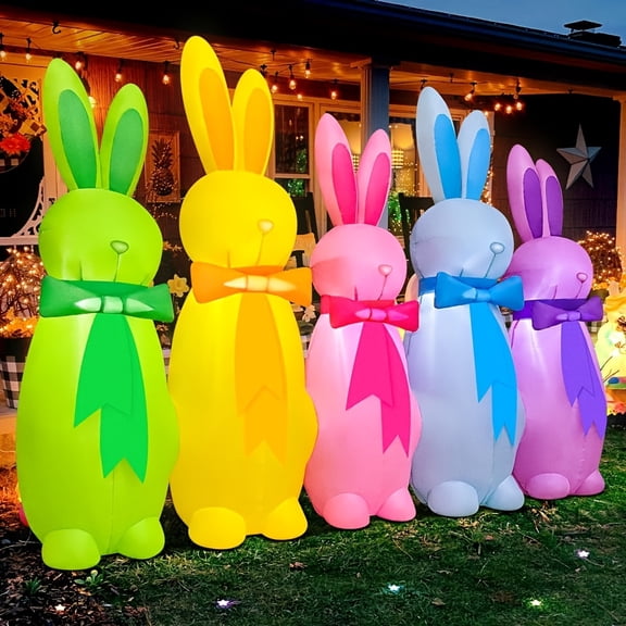 6ft Easter Inflatables Outdoor Decorations - Five Colorful Bunny with LED Lights, Blow-Up Yard Decoration for Holiday Party Garden Lawn Décor