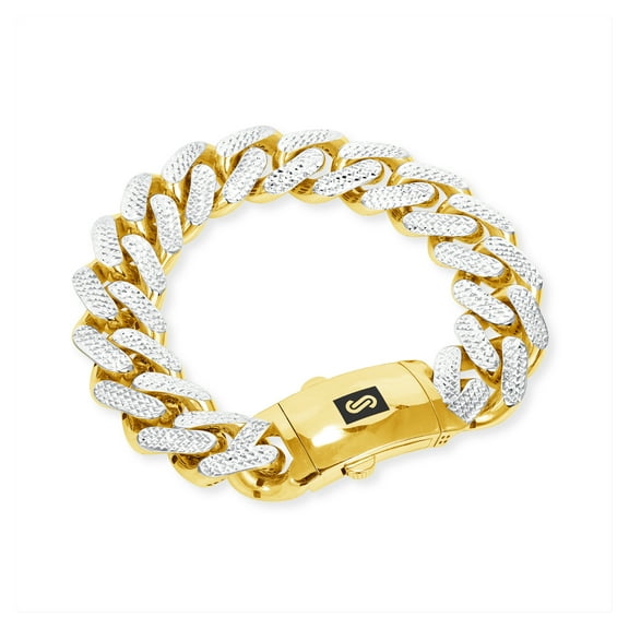 Nuragold 10k Real Yellow Gold Royal Monaco 17mm Miami Cuban Diamond Cut Pave Link Bracelet (8"-9") Two Tone Italian Jewelry for Men