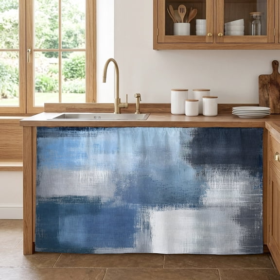 Navy Blue Ombre Sink Skirt Curtain 32''x55'', Modern Oil Painting Geometric Cabinet Door Curtain Pantry Utility Curtains, Bathroom Kitchen Laundry Privacy Drape Waterproof Dishwasher Curtains