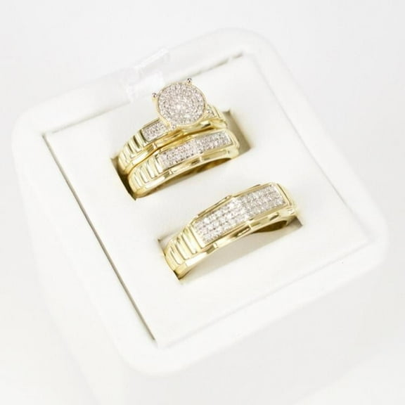 Bluebell Jewels 3-Piece Round CZ Wedding Ring Set 14K Yellow Gold Finish Silver for Couples, Anniversary Gift