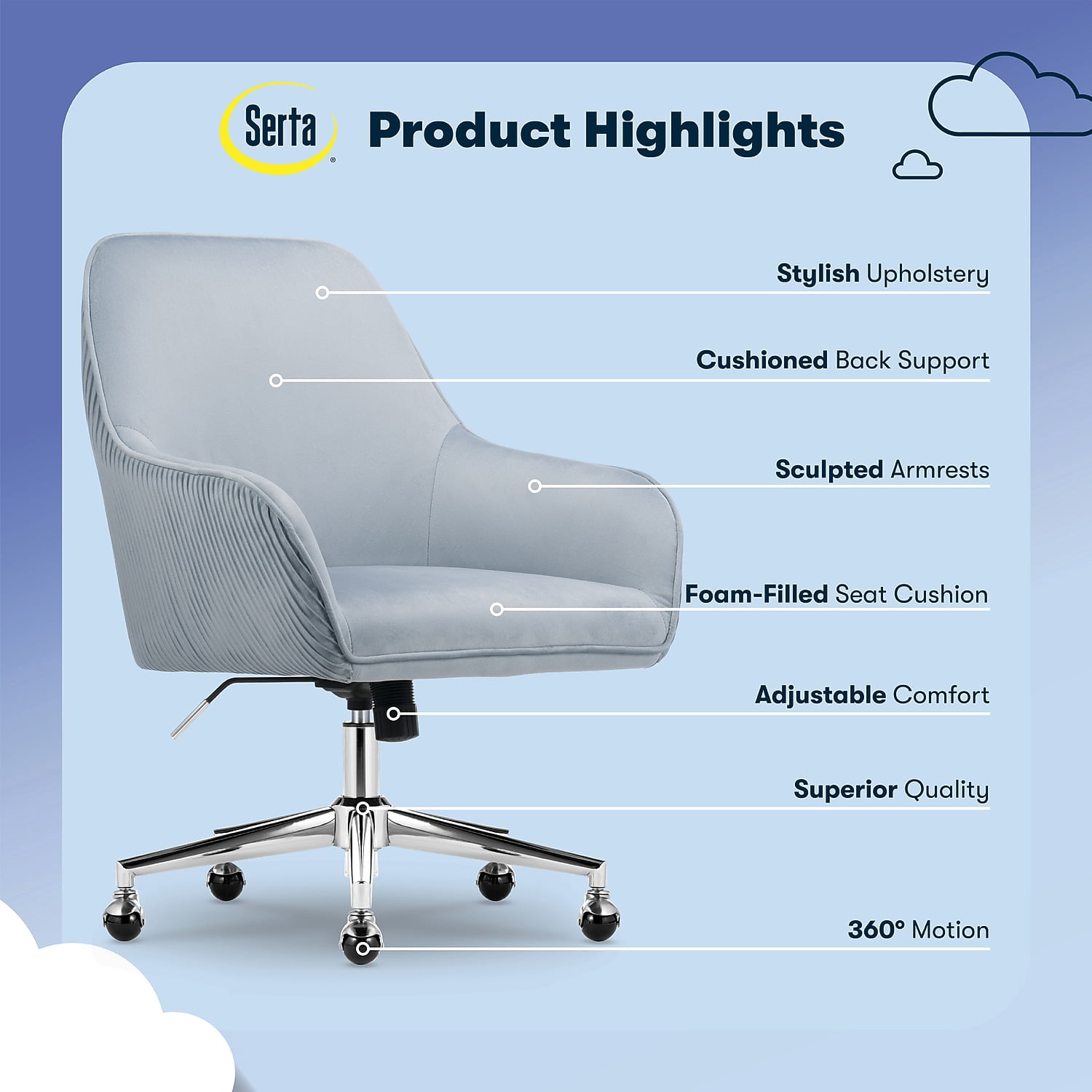 Serta Chloe Modern Office Chair Pleated Mid-Back Chrome Metal Base Blue Velvet