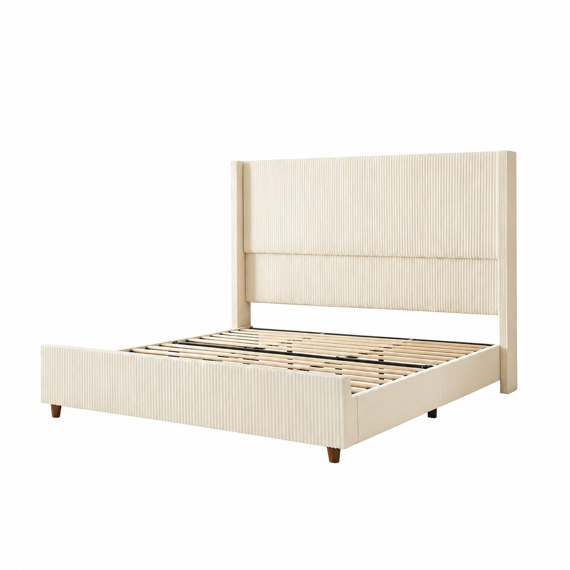 Leumius Queen Size Bed Frame with Padded Headboard, Luxury Thick Base Bed with Extra-high Wingback Vertical Stripes, Sturdy Solid Wood Slats and Legs,Beige