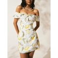 thumbnail image 3 of White Off Shoulder Lemon Print Mini Dress Vintage Boho Summer Vacation Woven Sundress, 3 of 8