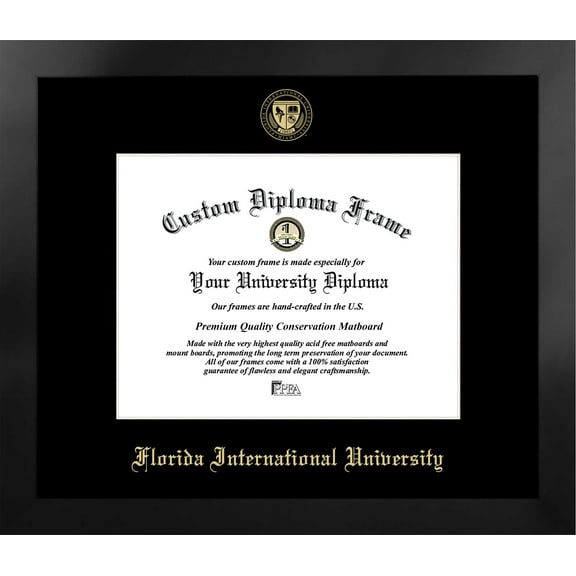 Florida International University 11w x 8.5h Manhattan Black Single Mat Gold Embossed Diploma Frame with Bonus Campus Images Lithograph (value savings at $59)