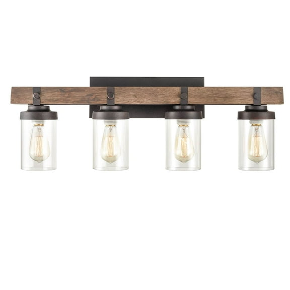 Claxy 29.5" Black and Wood Bathroom Vanity Lights with Cylinder Clear Glass Shade
