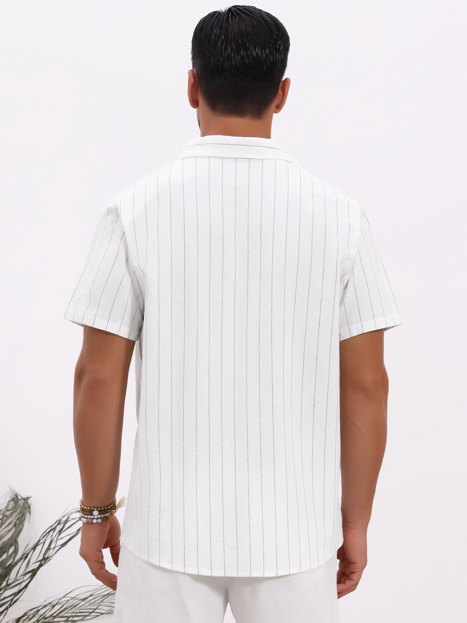 DARING DIVA Men's Point Collar Short Sleeve Button Down Stripes Shirts S White