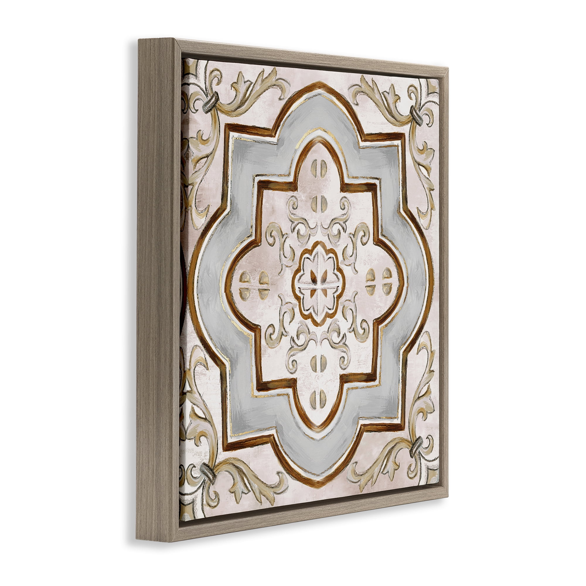 Stupell Industries Traditional Symmetrical Tile Abstract Painting Brown Floater Framed Canvas Art Print Wall Art, 18 x 18