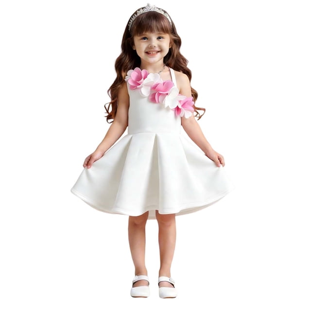 Ashirexll Robe de Fête Sans Manches pour Filles Polyester Col Rond Longueur Genou Style Princesse Bretelles Spaghetti Élégante pour Fête 1-8 Ans Blanc 7-8 Ans