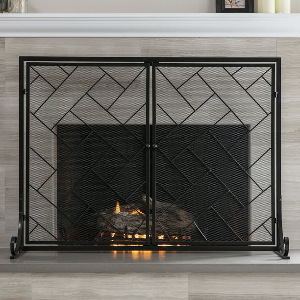 Magnetic Doors Black, Tri Fold Fireplace Screen With Doors