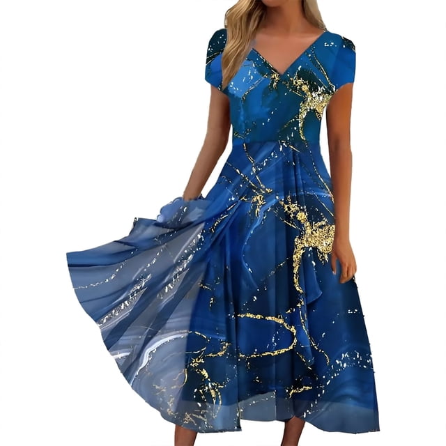 Ketyyh-chn99 Robe d'Été pour Femmes 2024 Robe de Plage Décontractée Imprimé Fleuri Col en V Manches Mi-Longues Robe Bohème une Pièce Or,TG