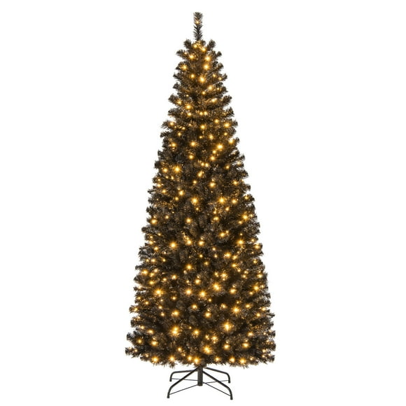 Gymax 7 FT Pre-Lit Artificial Christmas Halloween Tree Slim Pencil Hinged Xmas Full Tree