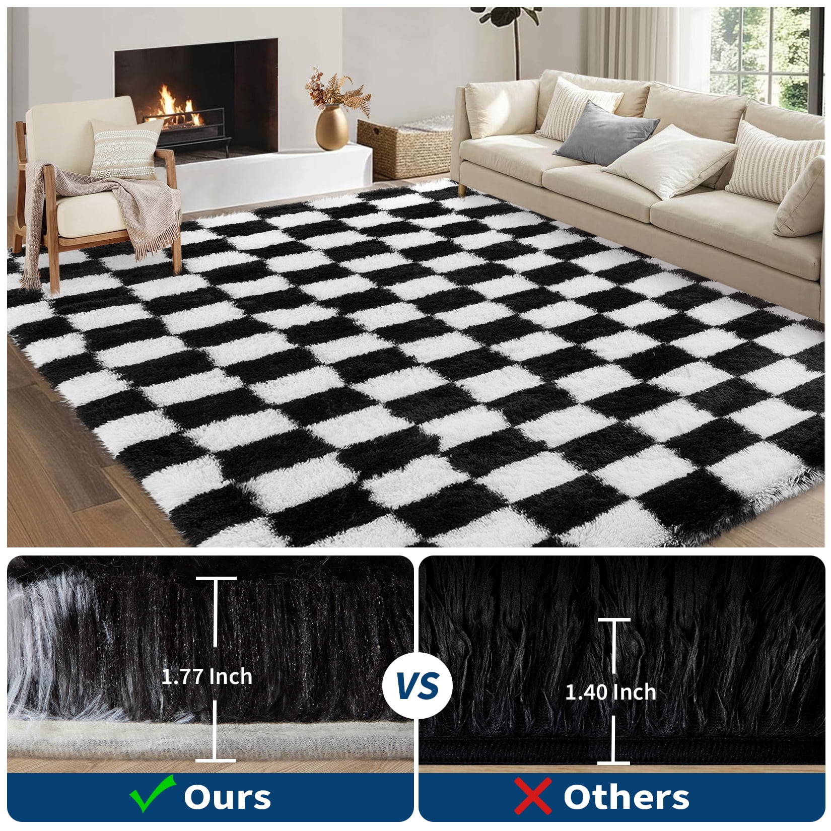 COZONY 8x10 Checkered Thick Area Rug, Large Ultra Soft Shag Plush Carpet for Living Room, Non-Slip Backing, Black
