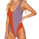 thumbnail image 2 of Traje de baño de 1 pieza para mujer, bloques de color a la moda, traje de baño elástico encantador para mujer, traje de baño naranja S, 2 of 5