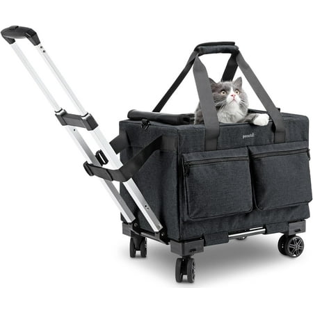 Pecute Cat Carrier with Wheels Steel Wire Frame Cat Carrier  Stable Pet Trolley Bag for Cats  Pet Handbag and Stroller Bag  Portable Cat Carrier Bag for Car Travel Bus Subway  Dark Grey