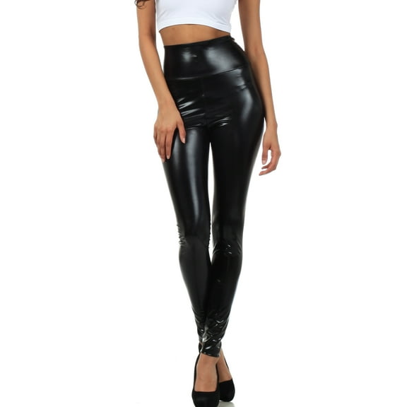 Sakkas Shiny Liquid Metallic High Waist Stretch Leggings - Made in USA - Black - L
