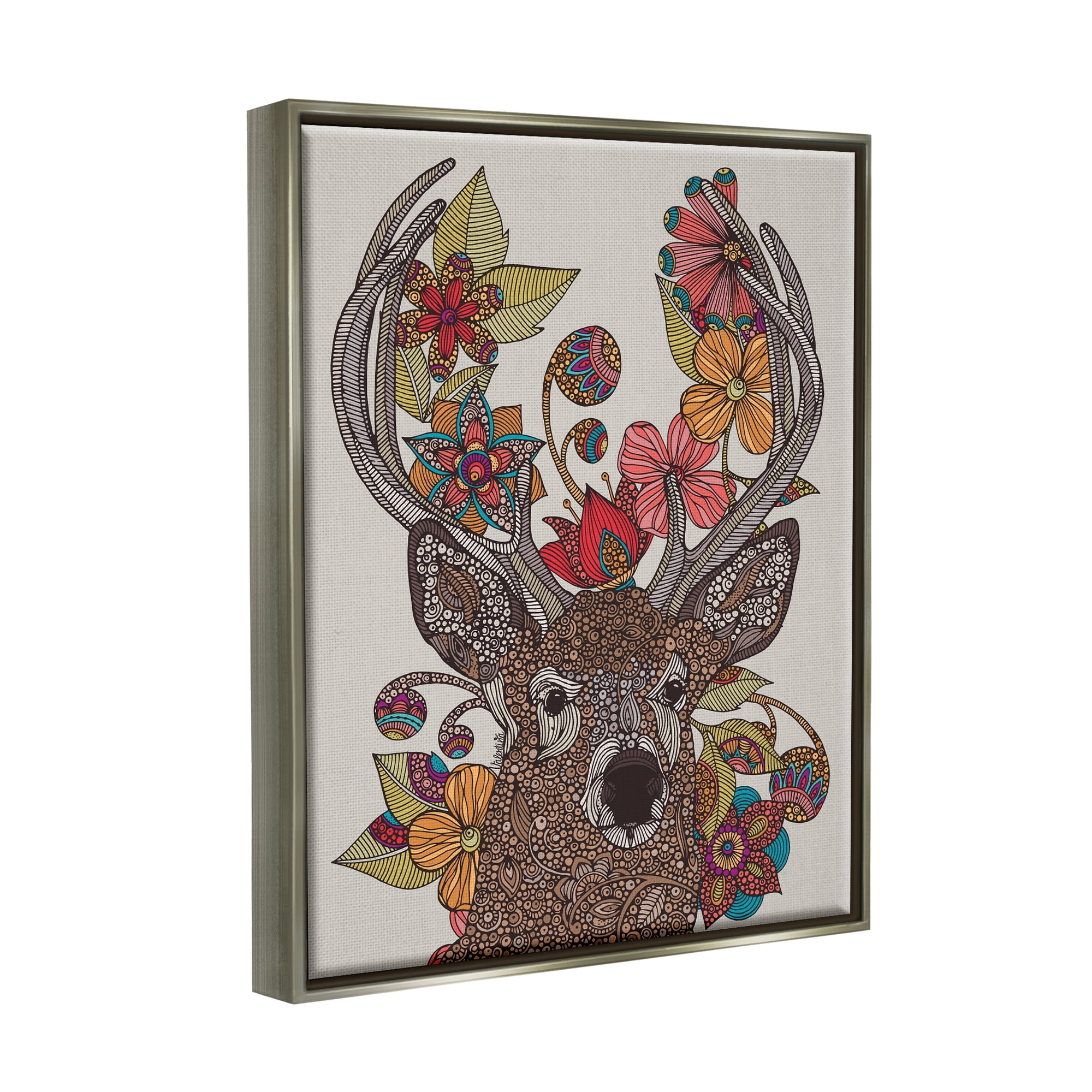 Stupell Industries Buck Deer Portrait Interwoven Flower Mandala Fractals Graphic Art Luster Gray Floating Framed Canvas Print Wall Art, Design by Valentina Harper
