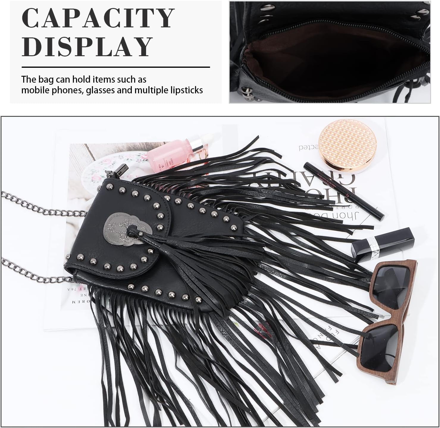 Leather Skull Fringe Purses for Women Black Tassel Shoulder Crossbody Bag Unique Gothic Punk Satchel Handbag