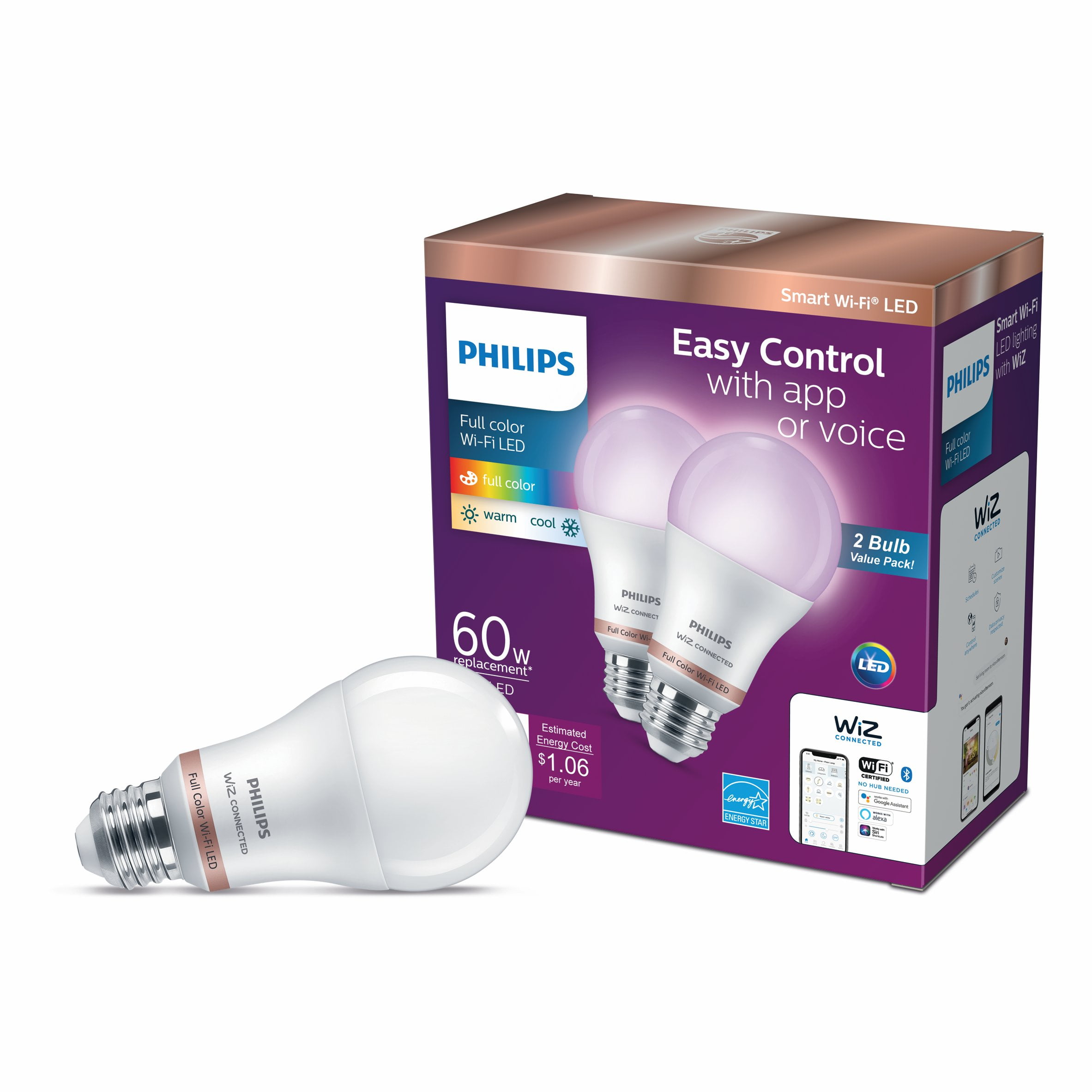 Tijdens ~ Met andere woorden Krachtcel Philips Smart Wi-Fi Connected LED 60-Watt A19 Light Bulb, Frosted Color &  Tunable White, Dimmable, E26 Medium Base (2-Pack) - Walmart.com