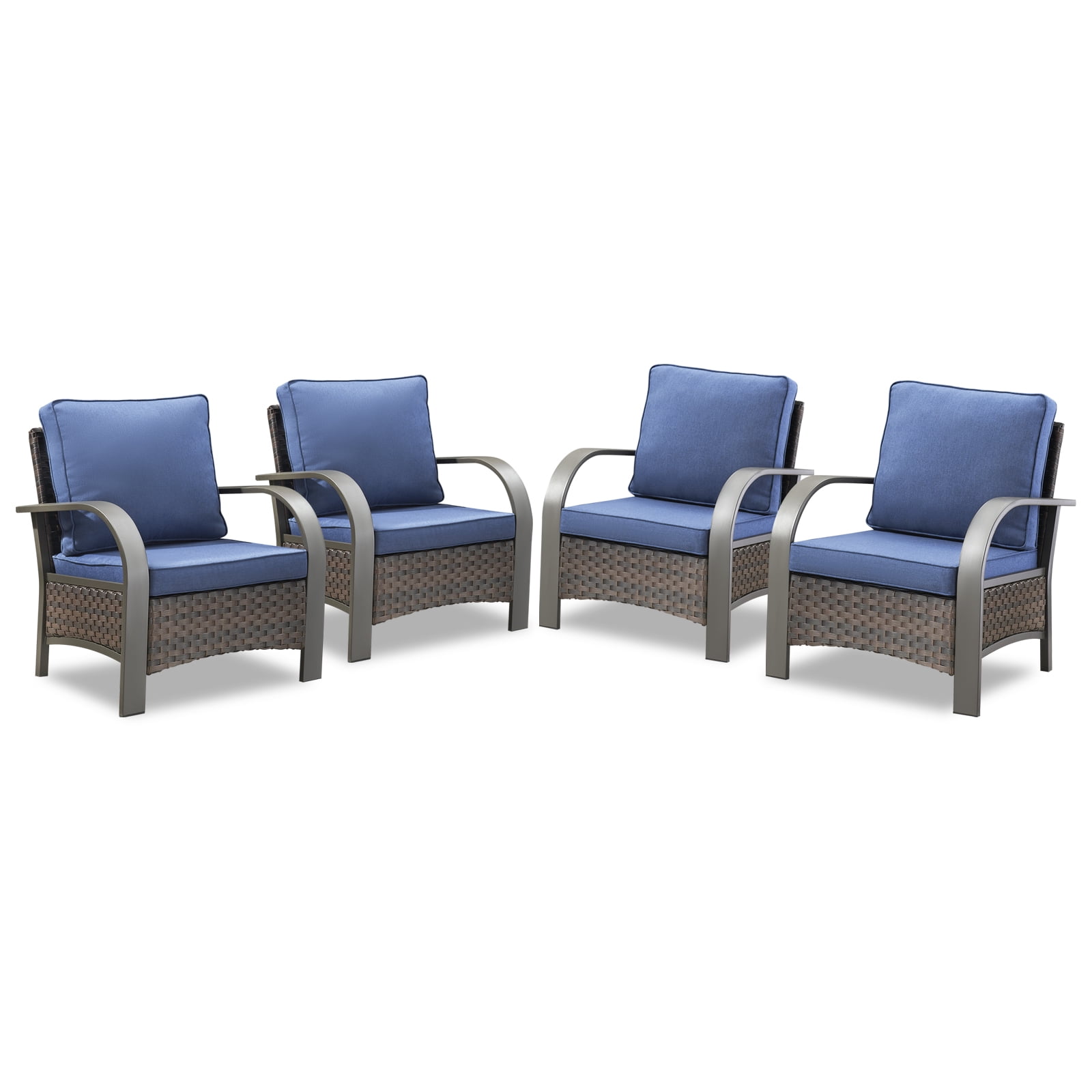 OPOHORO 4-Piece Patio Conversation Set with 4 Patio Lounge Chairs, PE Wicker Outdoor Furniture with Blue Cushions for Porch or Backyard