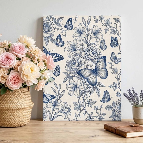 Canvas Wall Art Rose Butterfly Canvas Art Print Vintage Farmhouse Floral Navy Blue Flower Botanical Wall Decor for Living Room Bedroom Artwork Decorations Stretched Framed Ready to Hang 8"x12"