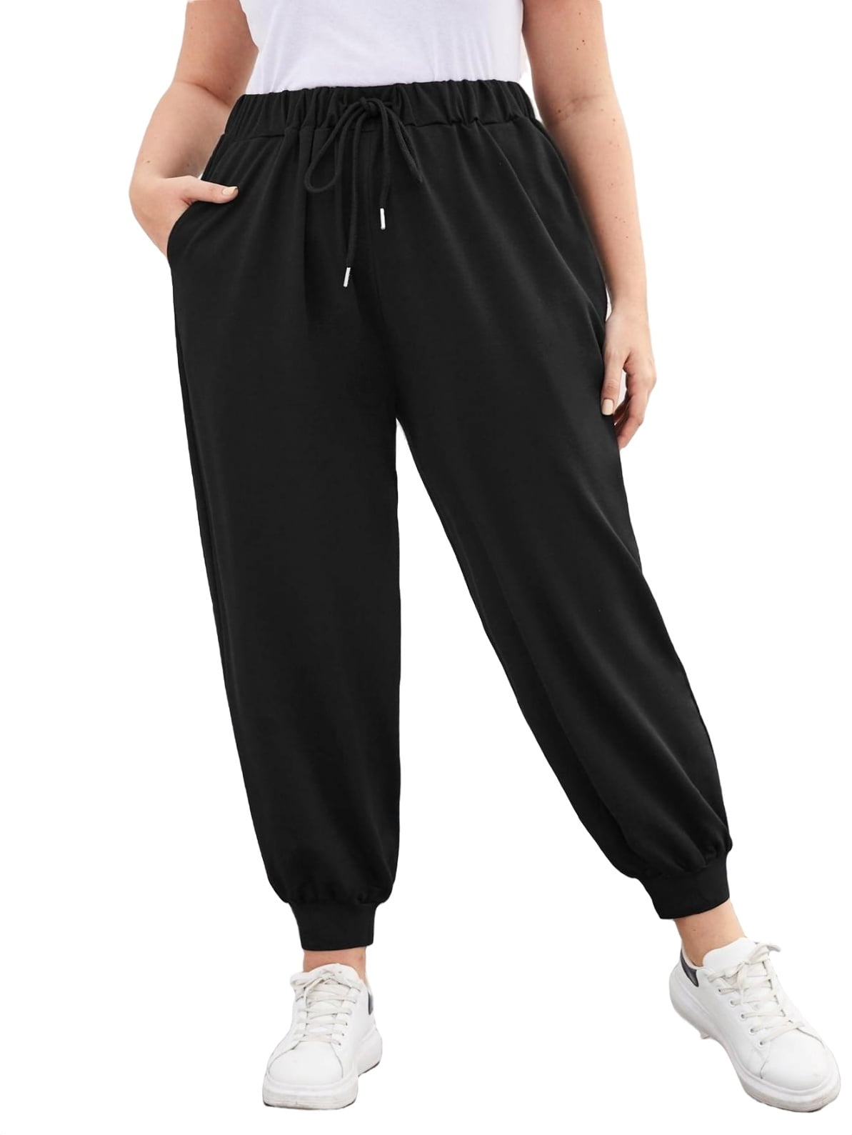 Plain DrawstringCropped Regular Fit Women's Plus Size Sweatpants Black