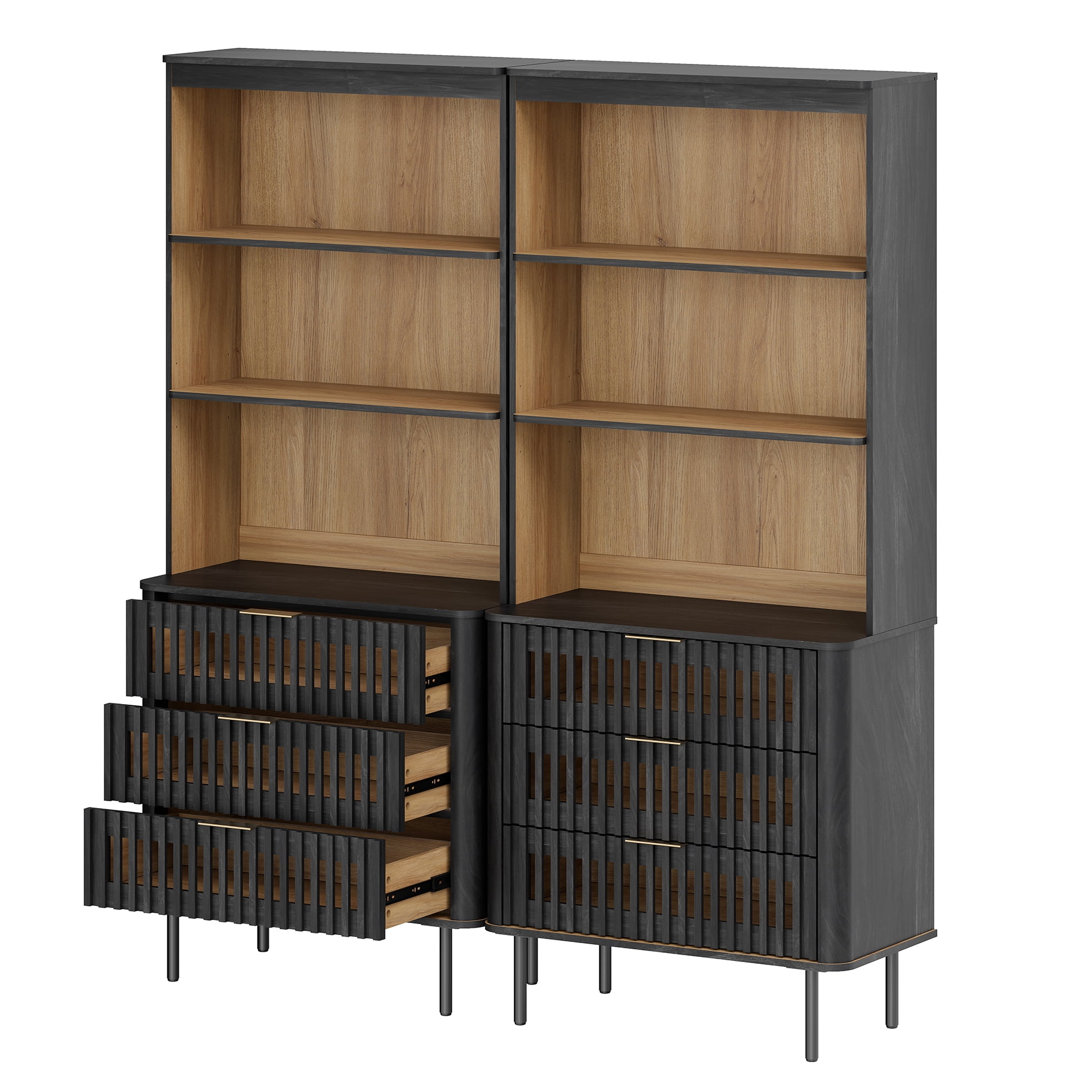 72.8" Tall Kitchen Pantry Storage Cabinet with Large Drawers, Modern Fluted Kitchen Cabinet, Adjustable Shelf, Cable Management, 3 Tier Freestanding Cupboard for Dinning Room, Black, 2 PCS