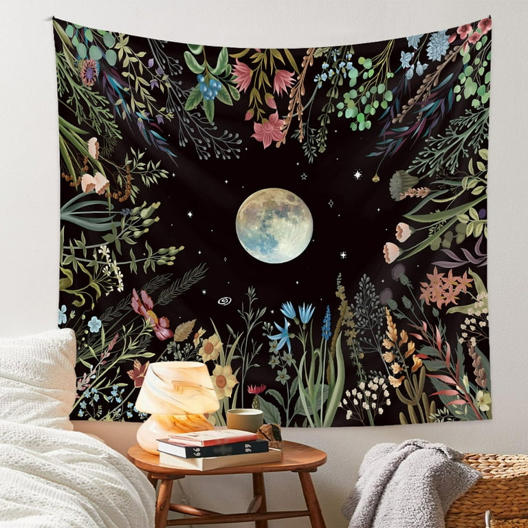 Vintage Flower Moon Tapestry Black Tapestry Wall Hanging Decor for College Dorm Ceiling