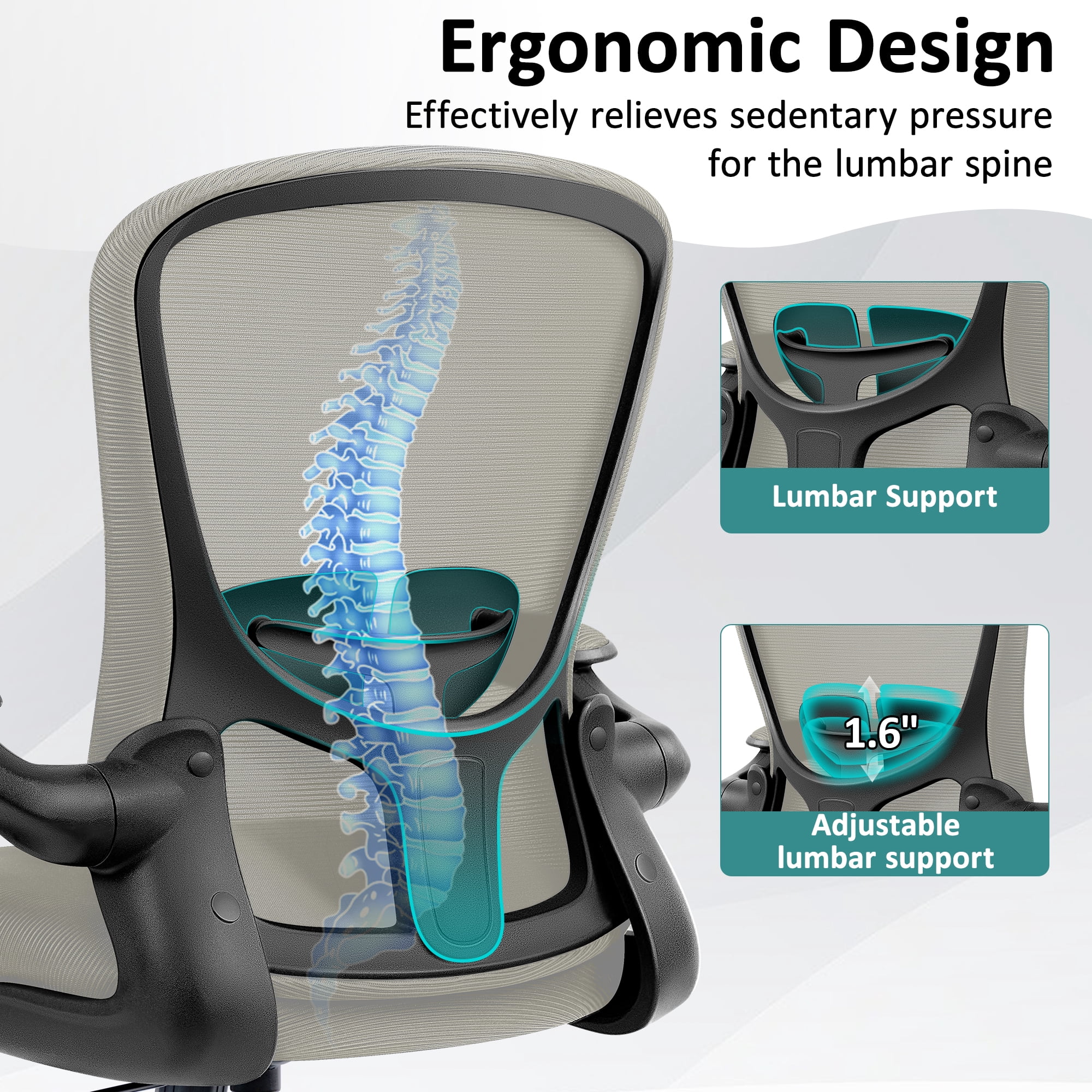 COOLHUT Office Chair, Ergonomic Desk Chair with Adjustable Lumbar Support, High Back Mesh Computer Chair with Flip-up Armrests-BIFMA Passed Task Chairs, Executive Chair for Home Office，Gray