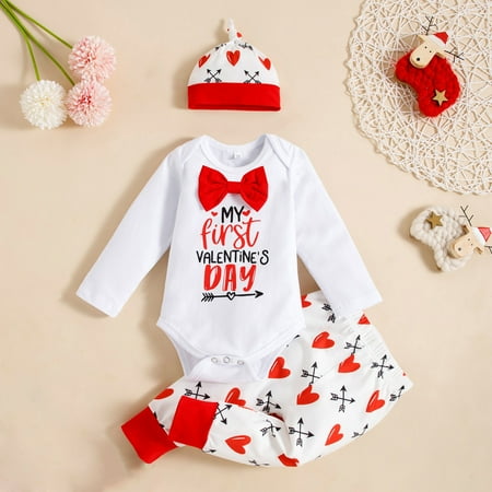 

XMMSWDLA Toddler Girl Clothes Kids Girls Valentine s Day Cute Love Heart Print Long Sleeve Bow Ruffle Pants Hat Set Deals Clearance