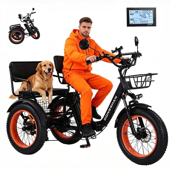 MENGFANMIN Electric Tricycle for Adults,Folding 20”x4.0”Fat Tire Electric Trike,750w,7-Speed,3 Wheel Ebike with Rear Seat and Basket,48V15Ah Battery,Ideal for Shopping and Carrying Passenger