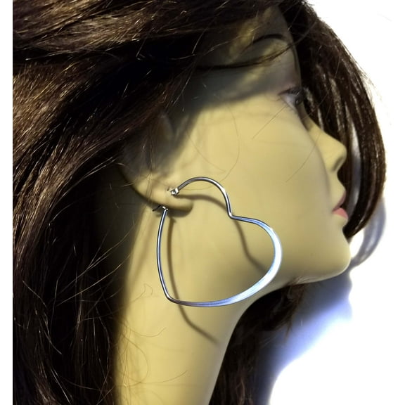 Large Silver Tone Heart Earrings 3 inch Heart Hoops Shiny Plated