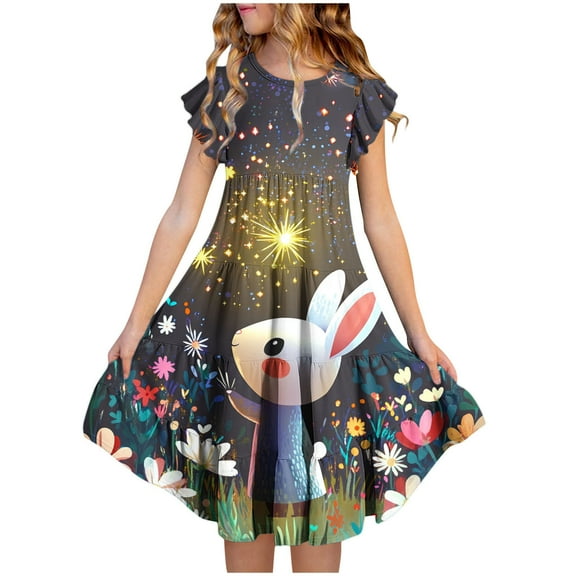 Riecok 6 - 15 Years Old Girls' Summer Short - Sleeved Round - Neck Easter - Printed Waist - Gathering Pocket Tiered Dress Multicolor 12-13 Years