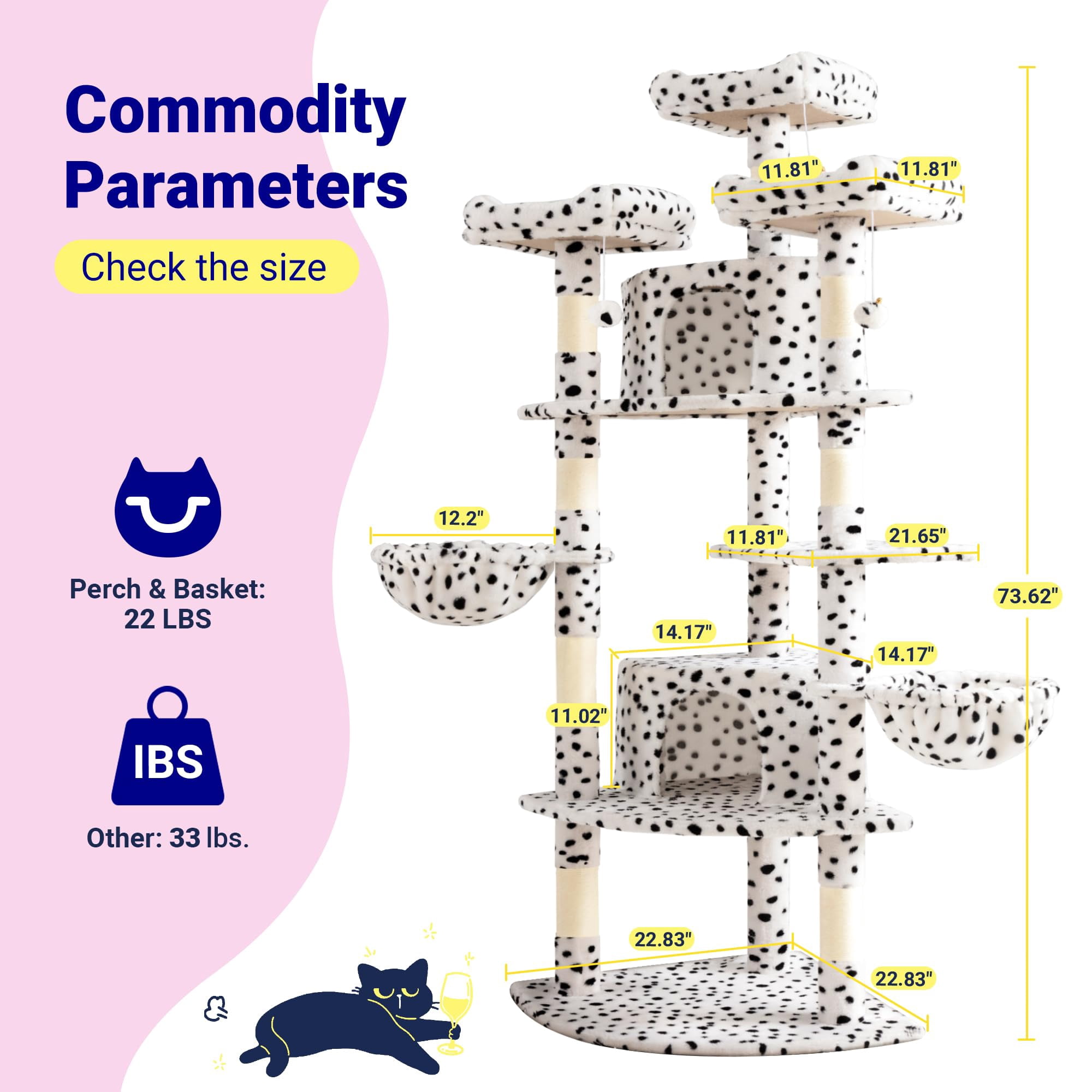 73in Fan-shaped Space-saving Corner Cat Tower/multi-level Tall Tree For Indoor Kitties/cozy Baskets/condos/house/perches/sisal Posts/pet Activity Center/white & Black Spot