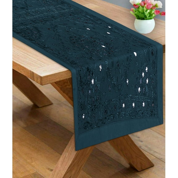 Stylo Culture Cotton Dining Table Runner Dark Green Rectangular Indian Bohemian Embroidered Living Room Decor Geometrical Boho Ethnic Coffee Table Cloth | 34x18 Inches ( 86 x 45 cm)