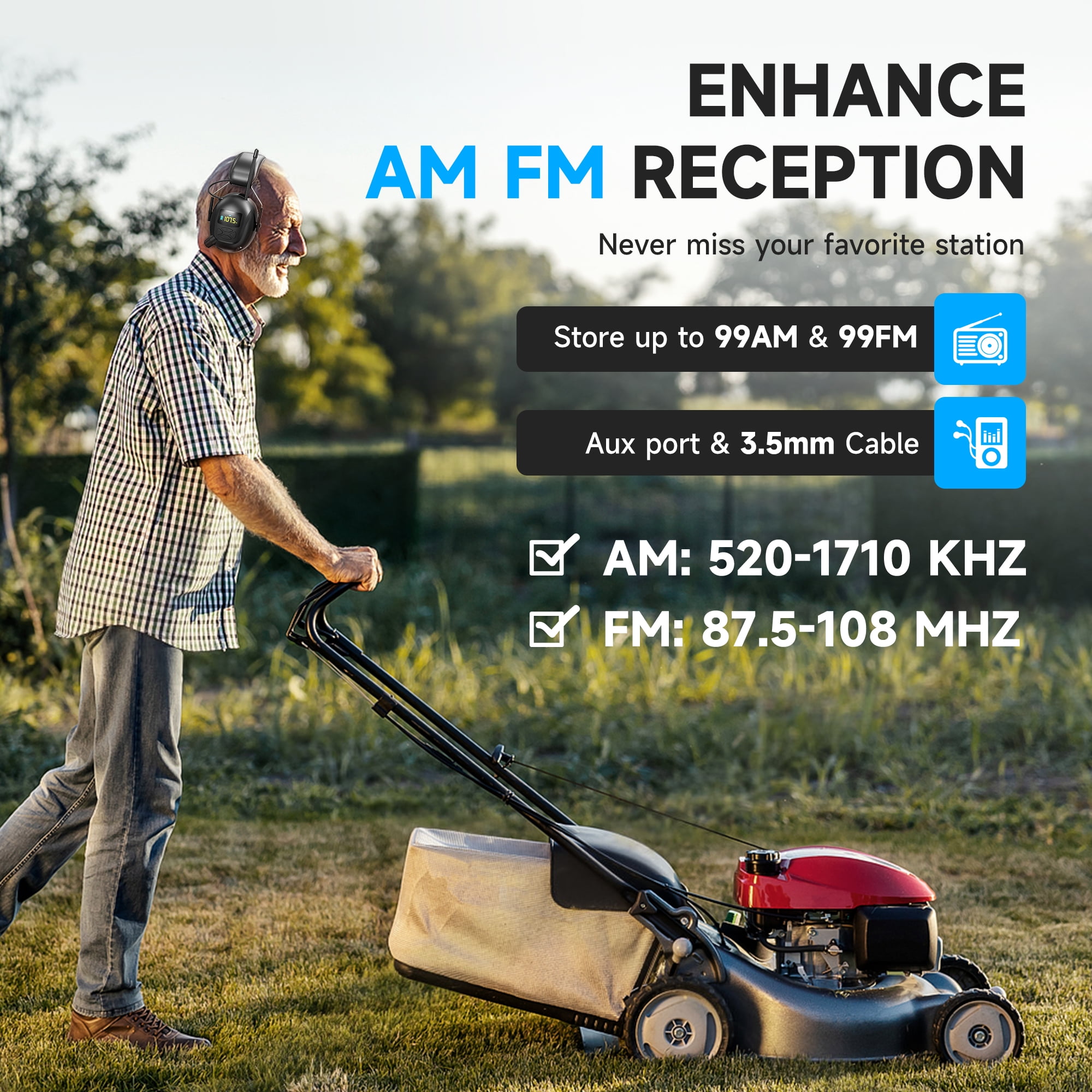 Bluetooth AM FM Radio Headphones with Color Digital Display, 2000mAh Rechargeable Bluetooth 5.4 Hearing Protection, 30dB Safety Earmuffs Ear Protection for Mowing, Work - Black