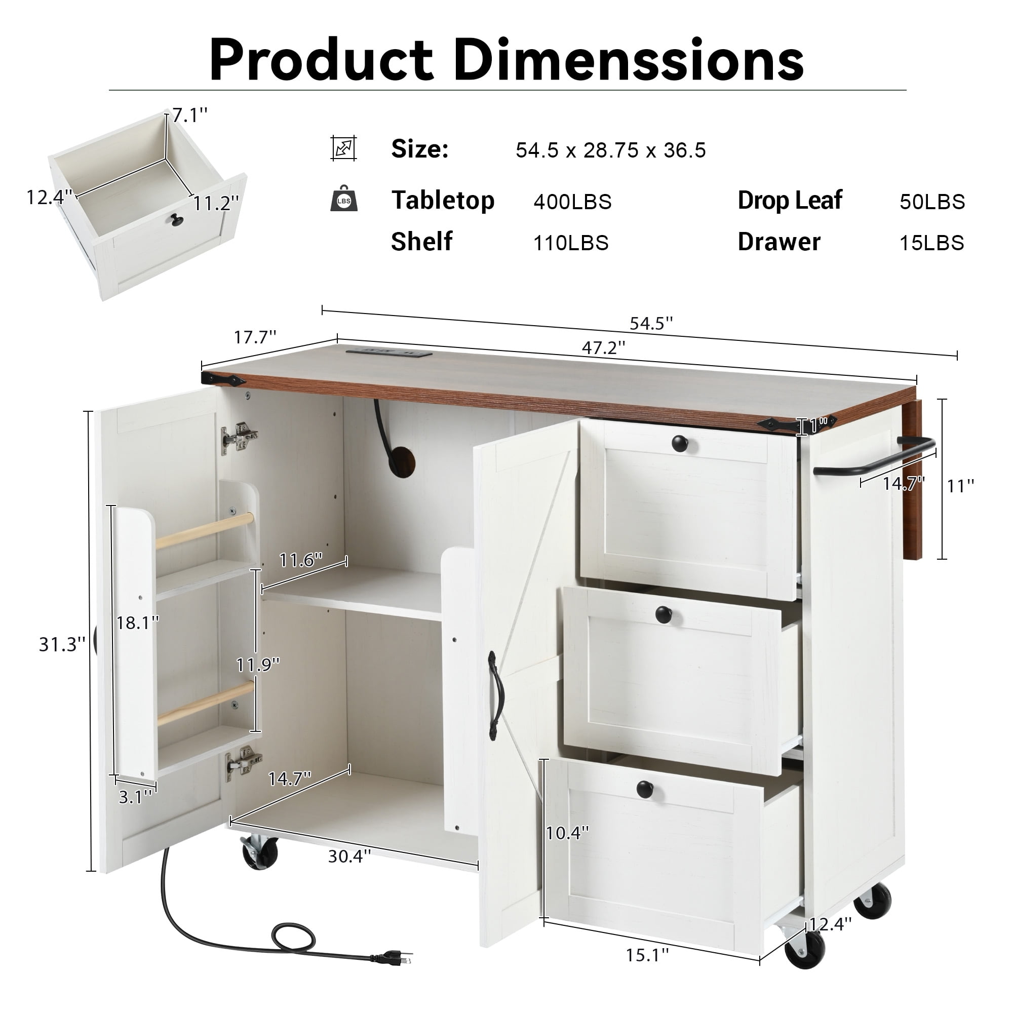 Yoneston 54.5" Farmhouse Kitchen Island with Power Outlet and Drop Leaf, Multifunctional Kitchen Trolley with Internal Storage Rack, Spice Rack and 2 Doors 3 Drawers for Kitchen Dining Room, White