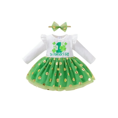 

Sunisery Baby Girl My 1St St Patricks Day Outfits Long Sleeve Shamrock Lucky Clover Mesh Tulle Tutu Lace Dress