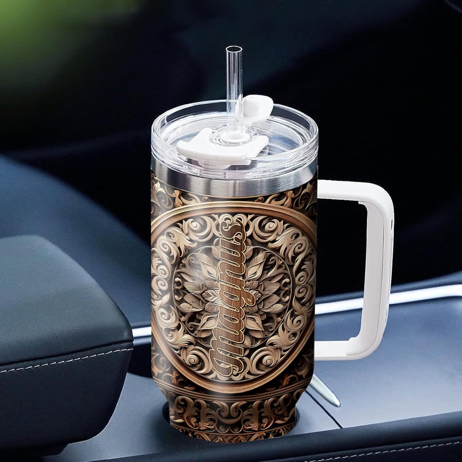 Personalized Horse Tumbler 40oz with Handle and Straw Custom Name Wooden Drawings Vacuum Tumblers Stainless Steel Travel Mug Equestrian Gifts Birthday Christmas for Men Women Animal Lover