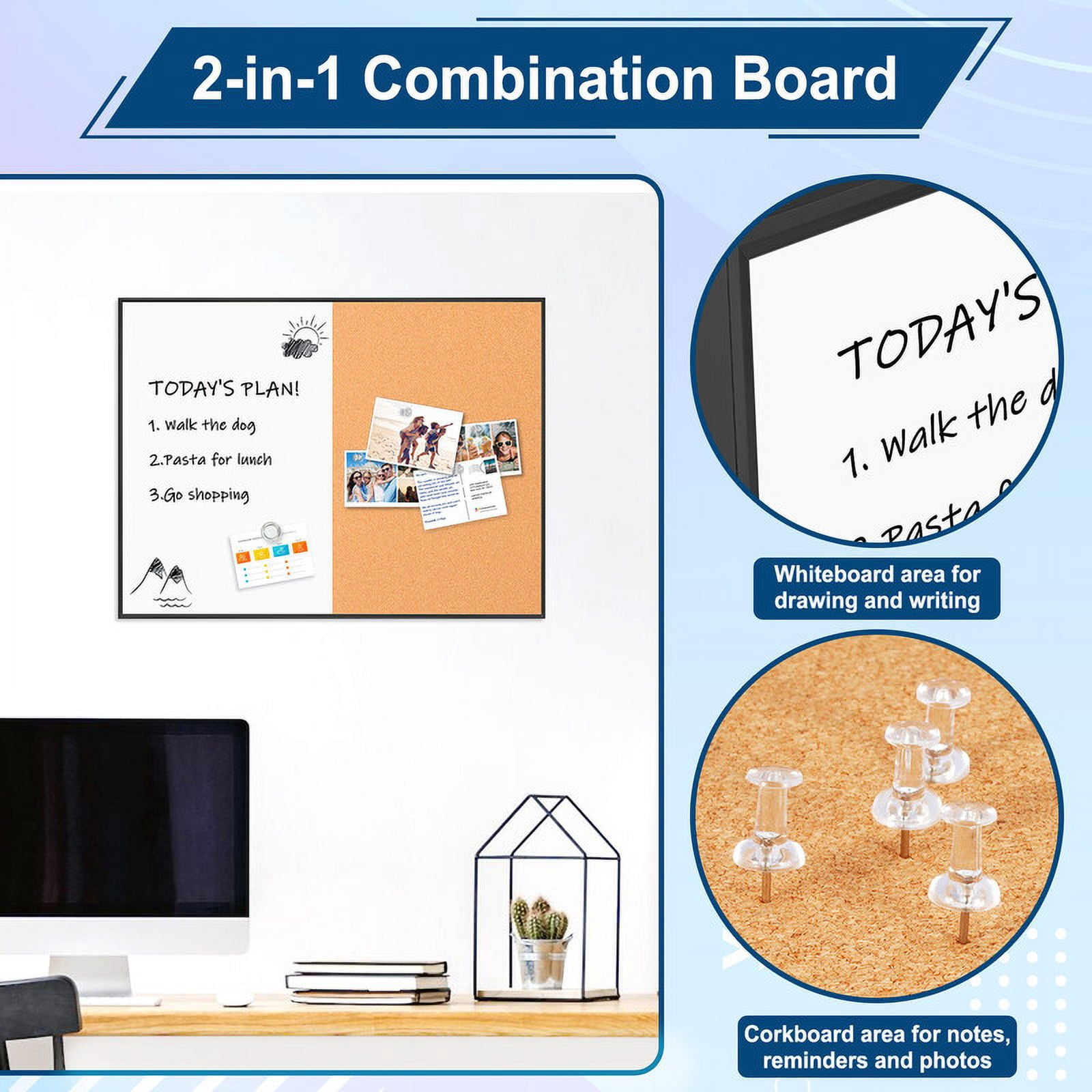 Cork Board White Board Combo, 24"x18" Small Bulletin Board for Wall, Magnetic Dry Erase Corkboard, Vision Whiteboard for Office,Home,School, Black Frame