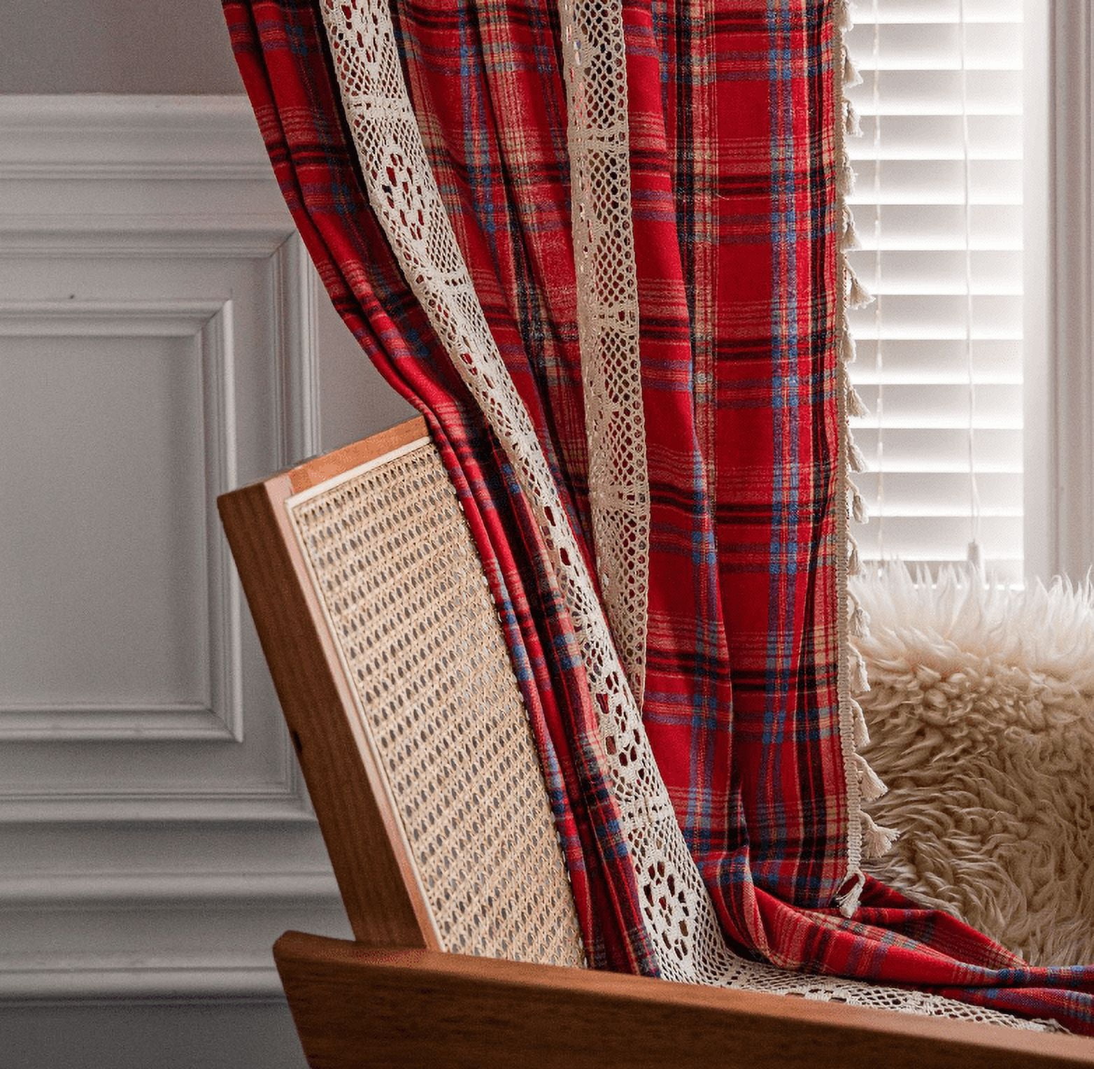 Boho Curtains Plaids for Bedroom, Semi Blackout Linen Farmhouse Tassels Window Treatment Bohemian Drape, Rod Pocket 1 Panel