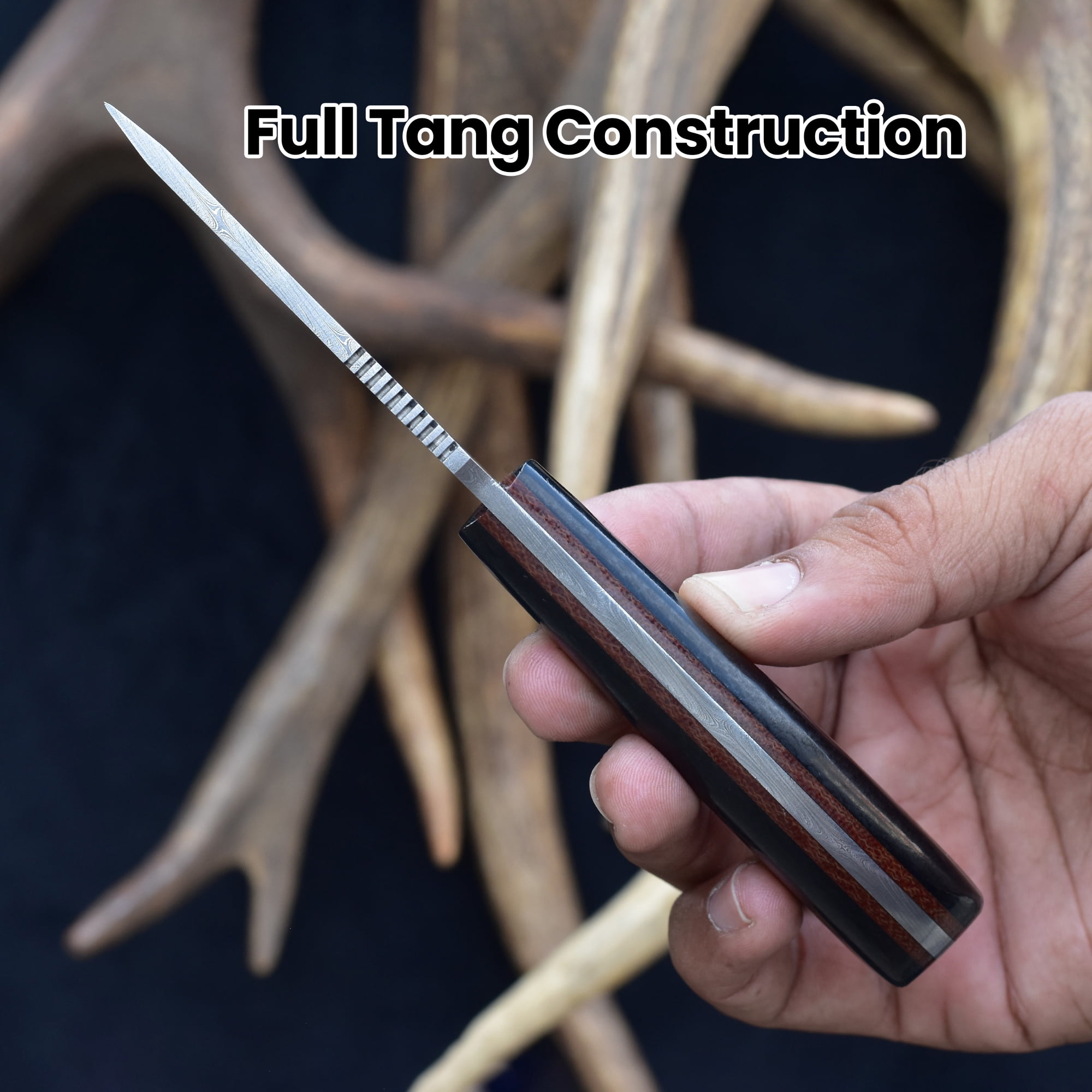 Knives Ranch Handmade Everyday Carry Knife - Full Tang Damascus Steel Blade - Horizontal Leather Sheath - Fixed Blade Utility Knife with Micarta Handle