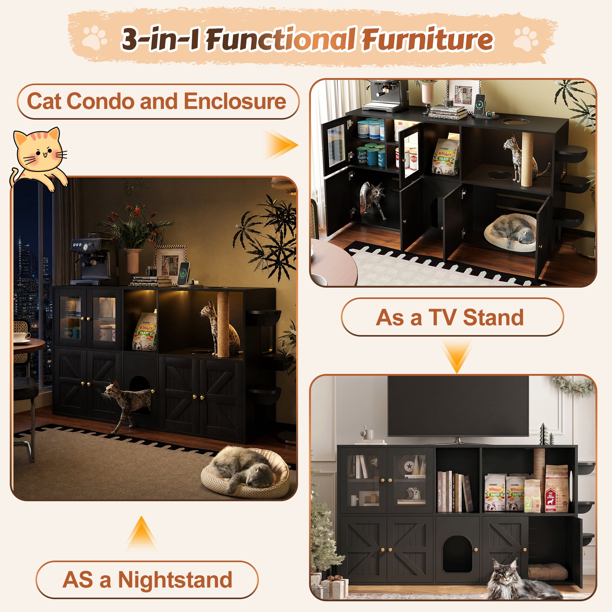 Aukfa 73.2" Cat Litter Box Enclosure TV Stand Furniture with Built-in Scratching Post & LED,Black