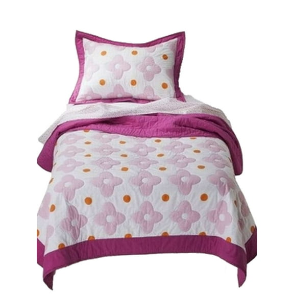 Girls Pink and Orange Flower Dot Stitched Twin Quilt & Sham Set 2 Piece