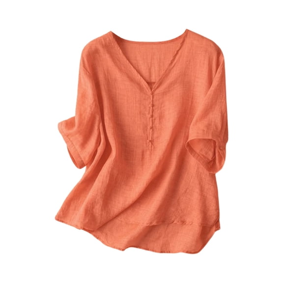 LIUJUNSHOP Women's 3/4 Sleeve Cotton Linen Jacquard Blouses Top T-Shirt