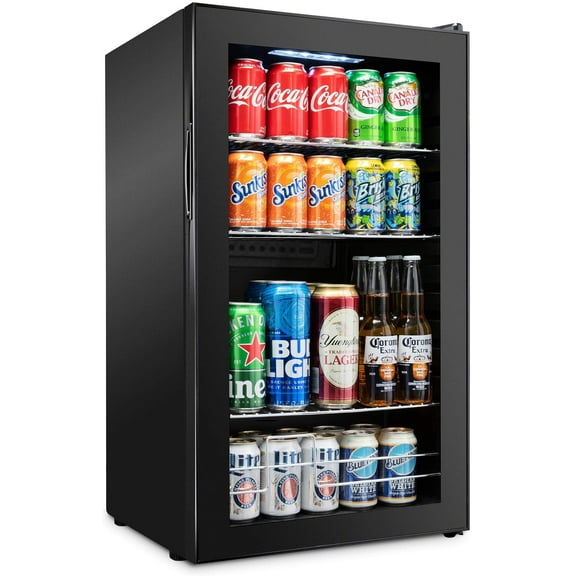 IVATION Mini Cooler with Black Glass Door - Compact & Stylish Beverage Refrigerator