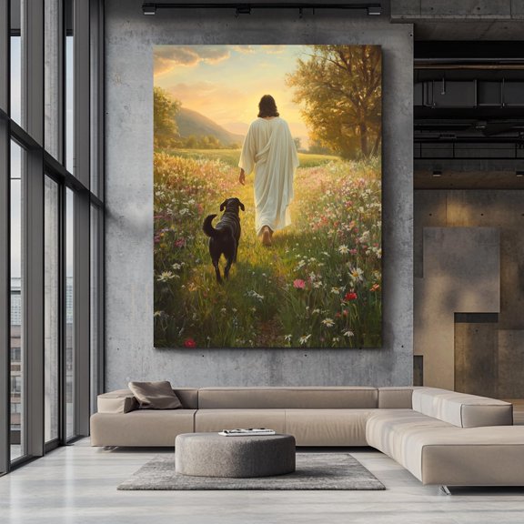 Jesus and Dog Canvas Print: Flower Field Sunset Art