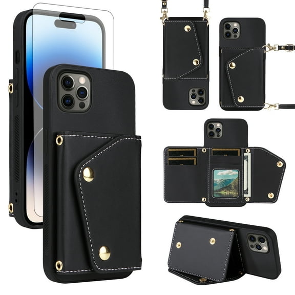 Furiet Wallet Case for iPhone 16 Pro Max 6.9 inch with Tempered Glass Screen Protector Slim Flip Purse Shoulder Strap Card Holder Stand Phone Cover for i Phone16 16Pro i16 ProMax 16ProMax Black