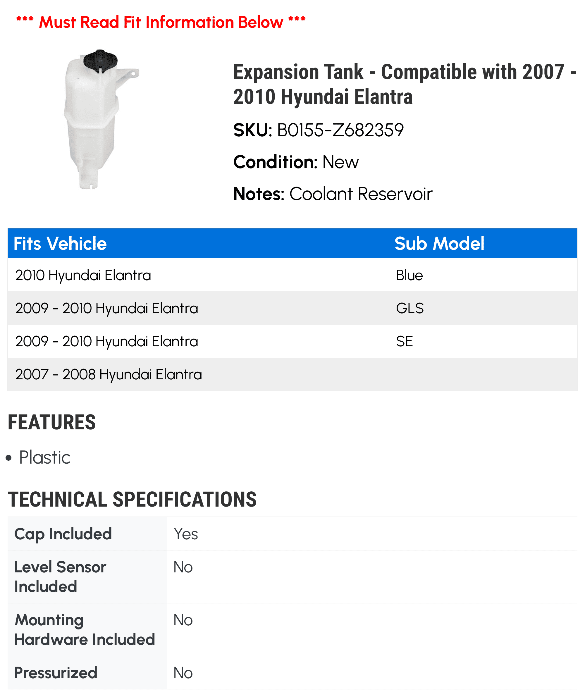 Expansion Tank - Compatible with 2007 - 2010 Hyundai Elantra 2008 2009