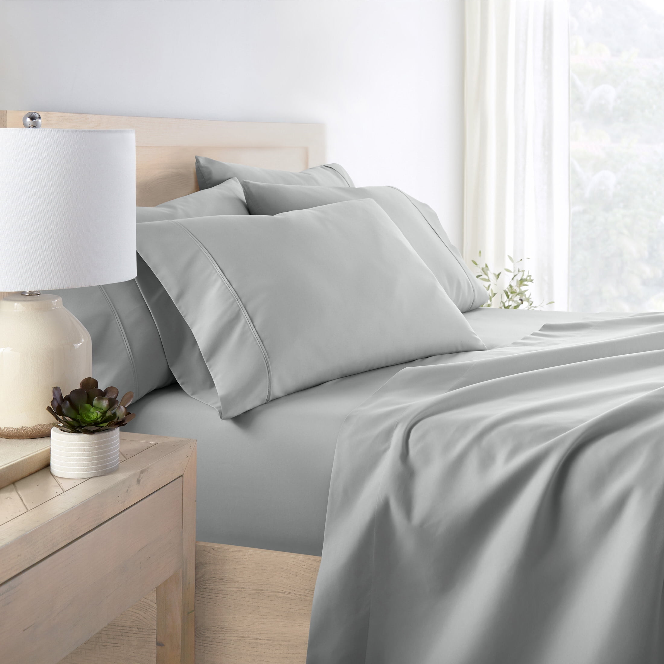 King, Light Gray Solid Microfiber 6 Piece Bed Sheet Set, by Noble Linens